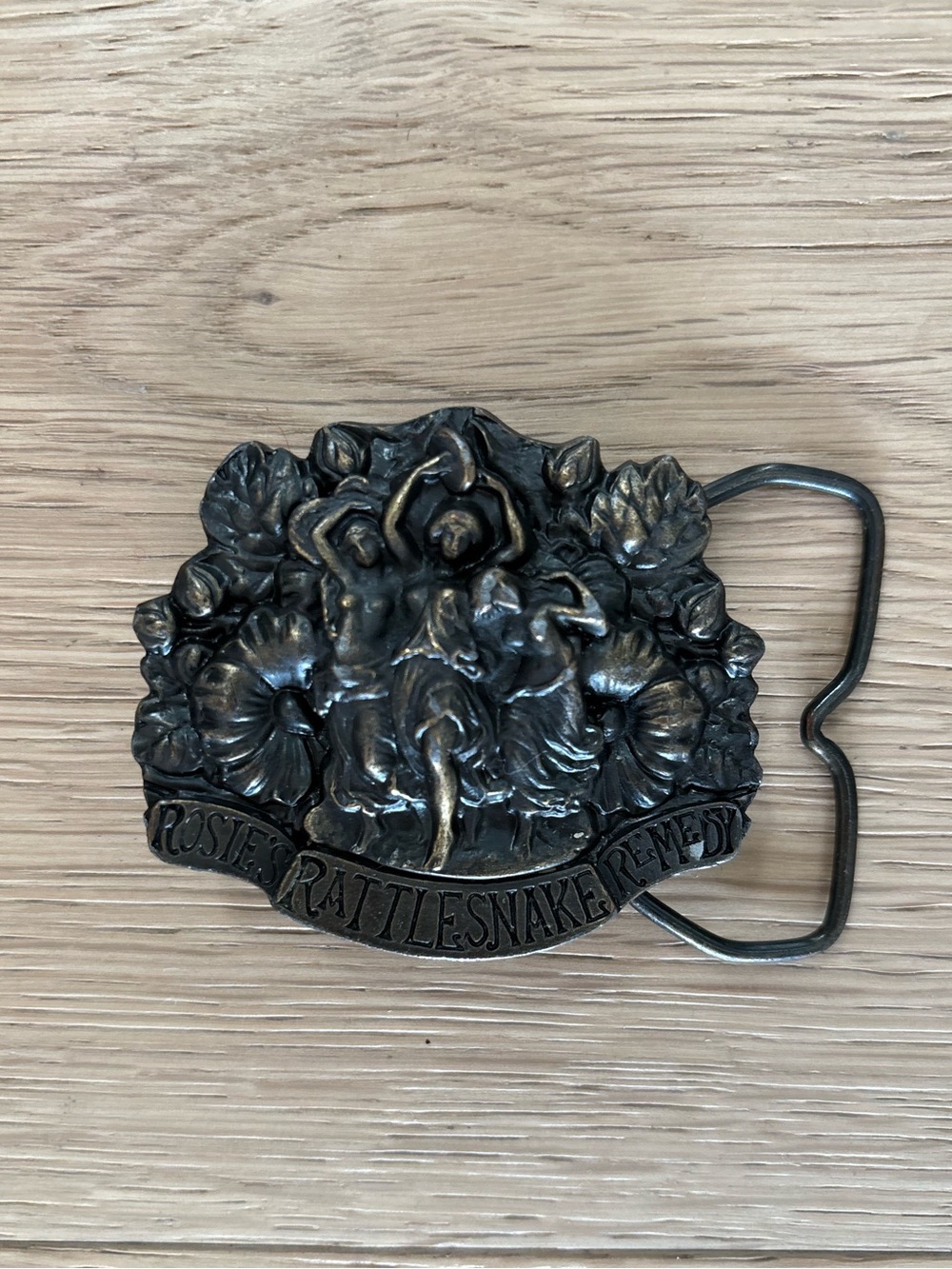 Vintage 70’s Wild Western Heritage Brass Rosie’s Rattlesnake Remedy Belt Buckle